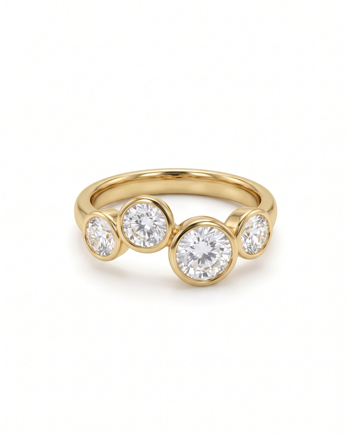Gold ring featuring four bezel-set round diamonds in a staggered bubble design.