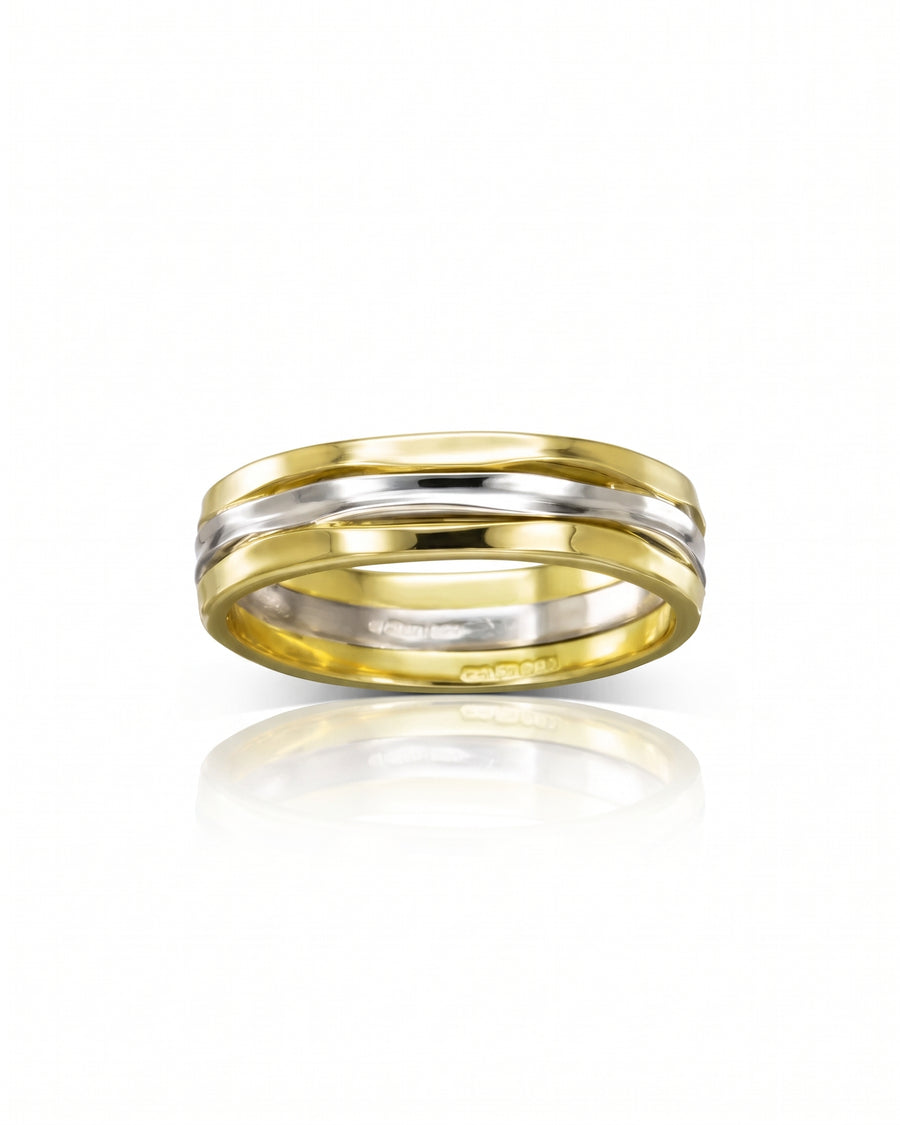 Two-tone wedding band featuring a polished gold outer rim and a smooth silver center inlay.