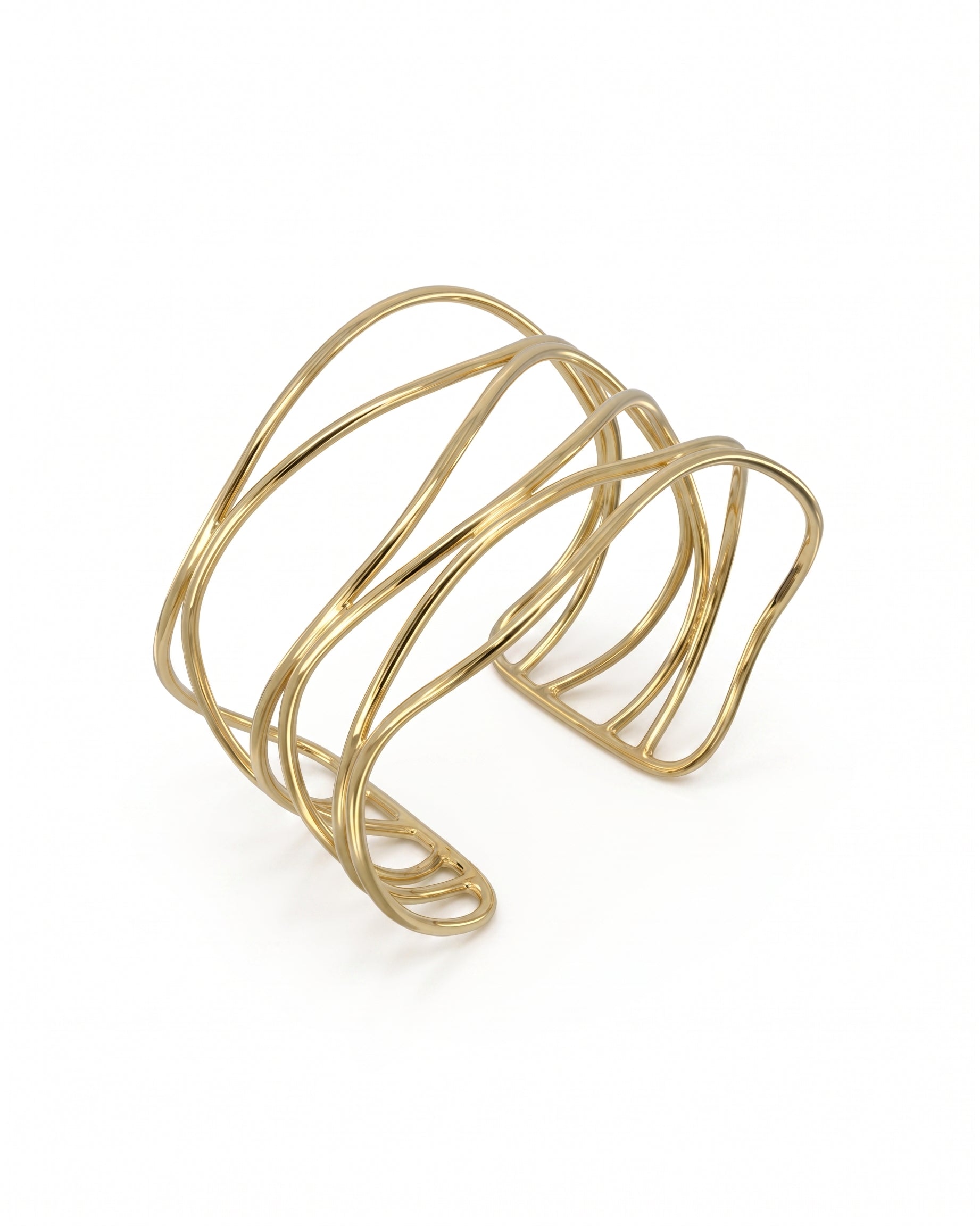 Wide 9ct yellow gold cuff bangle featuring a six-strand layered wire design on a white background.