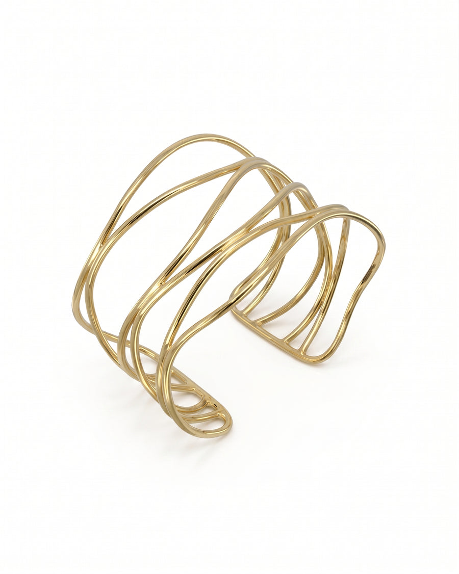 Wide 9ct yellow gold cuff bangle featuring a six-strand layered wire design on a white background.
