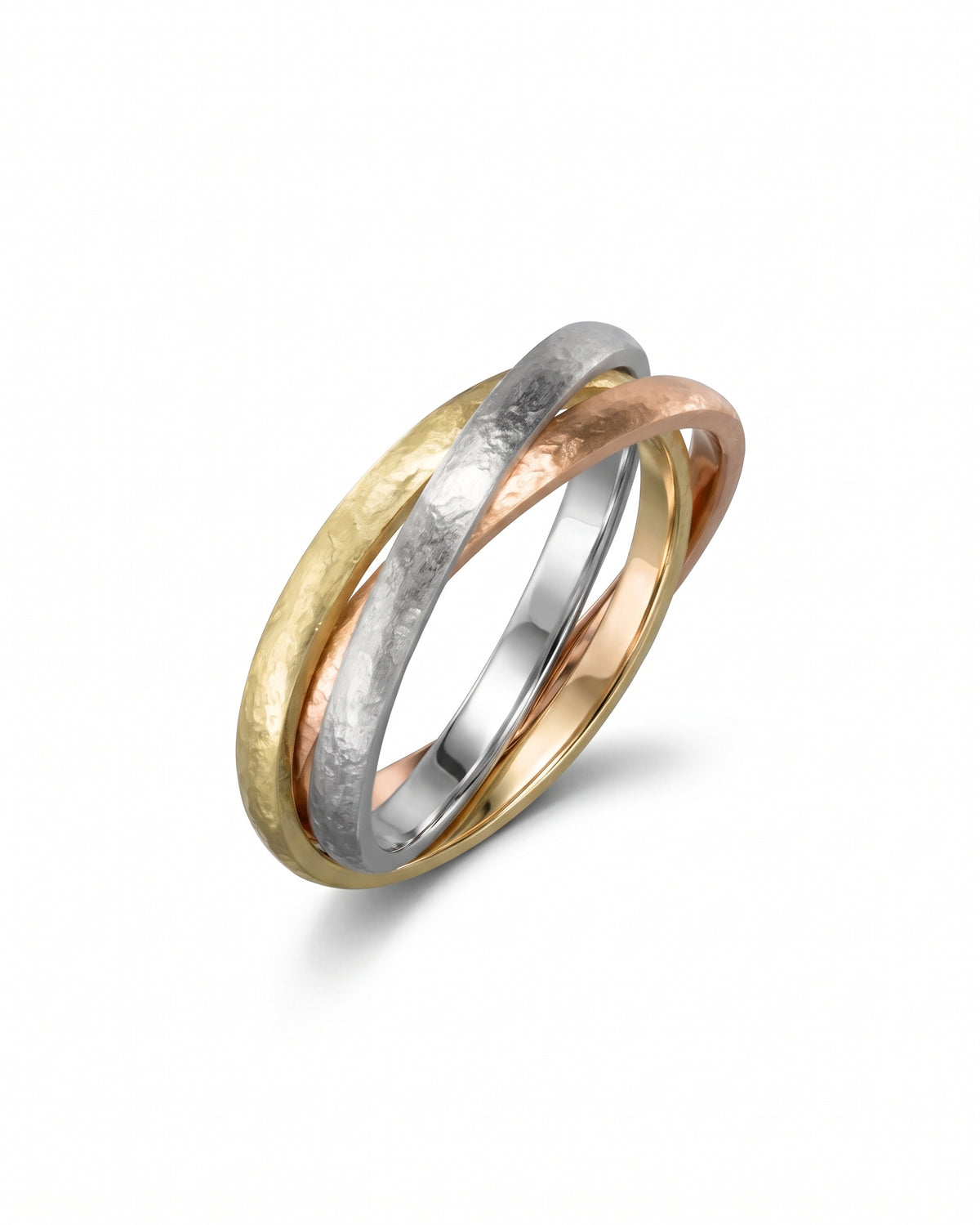 Russian wedding ring featuring three interlocking bands in yellow, white, and rose gold with a textured finish.