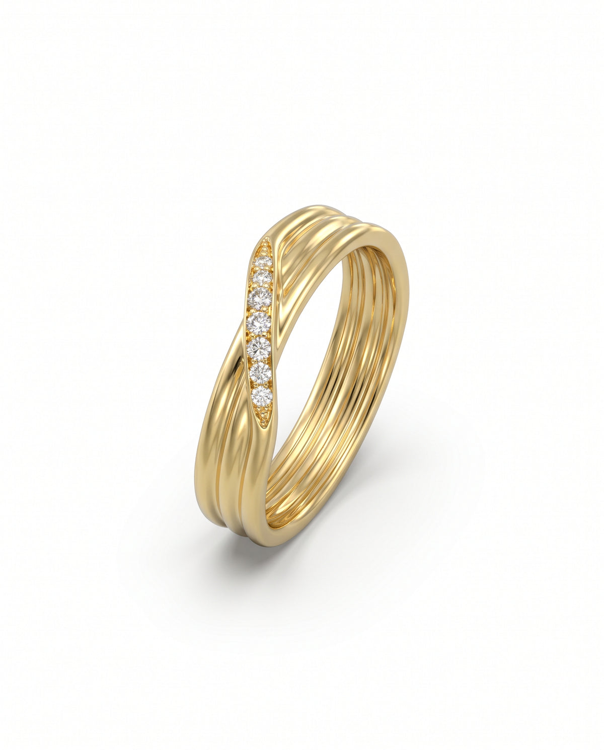 Gold three-strand crossover ring featuring a row of small round diamonds set on a polished band.