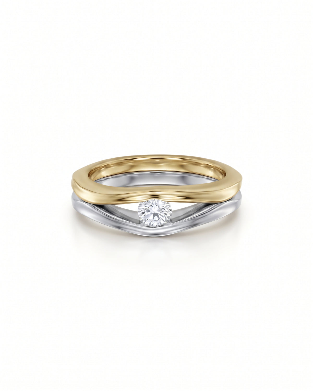 Two-tone gold and silver solitaire engagement ring featuring a round brilliant-cut diamond in a curved band design.