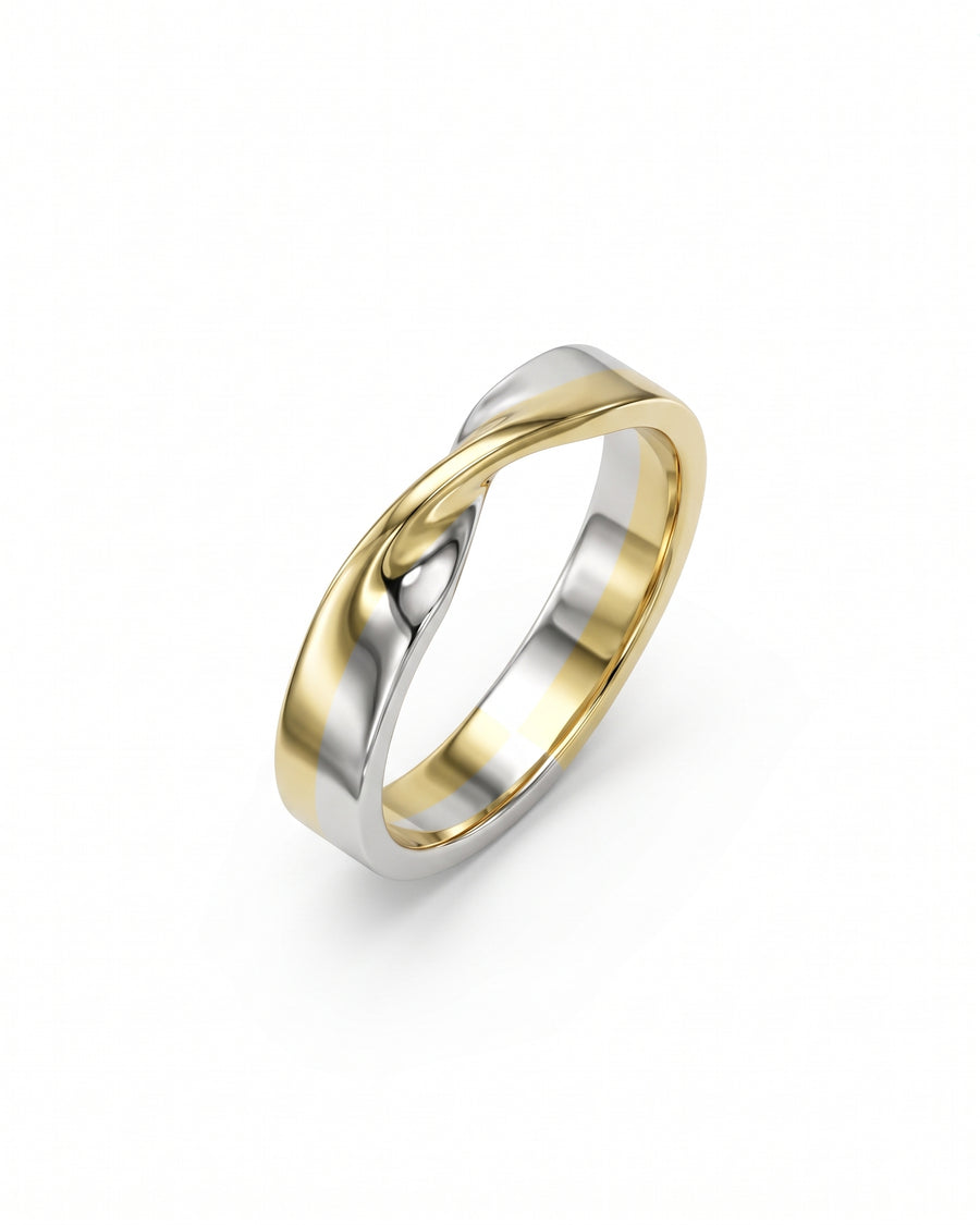 Chunky wedding band featuring a twisted design in polished yellow and white gold.