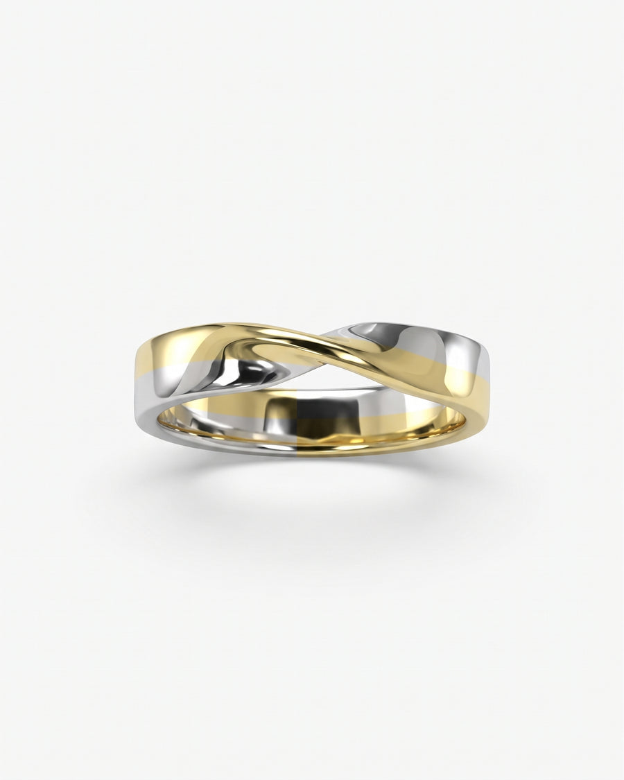 4mm wedding band in twisted 9ct white and yellow gold with a polished mixed metal finish.