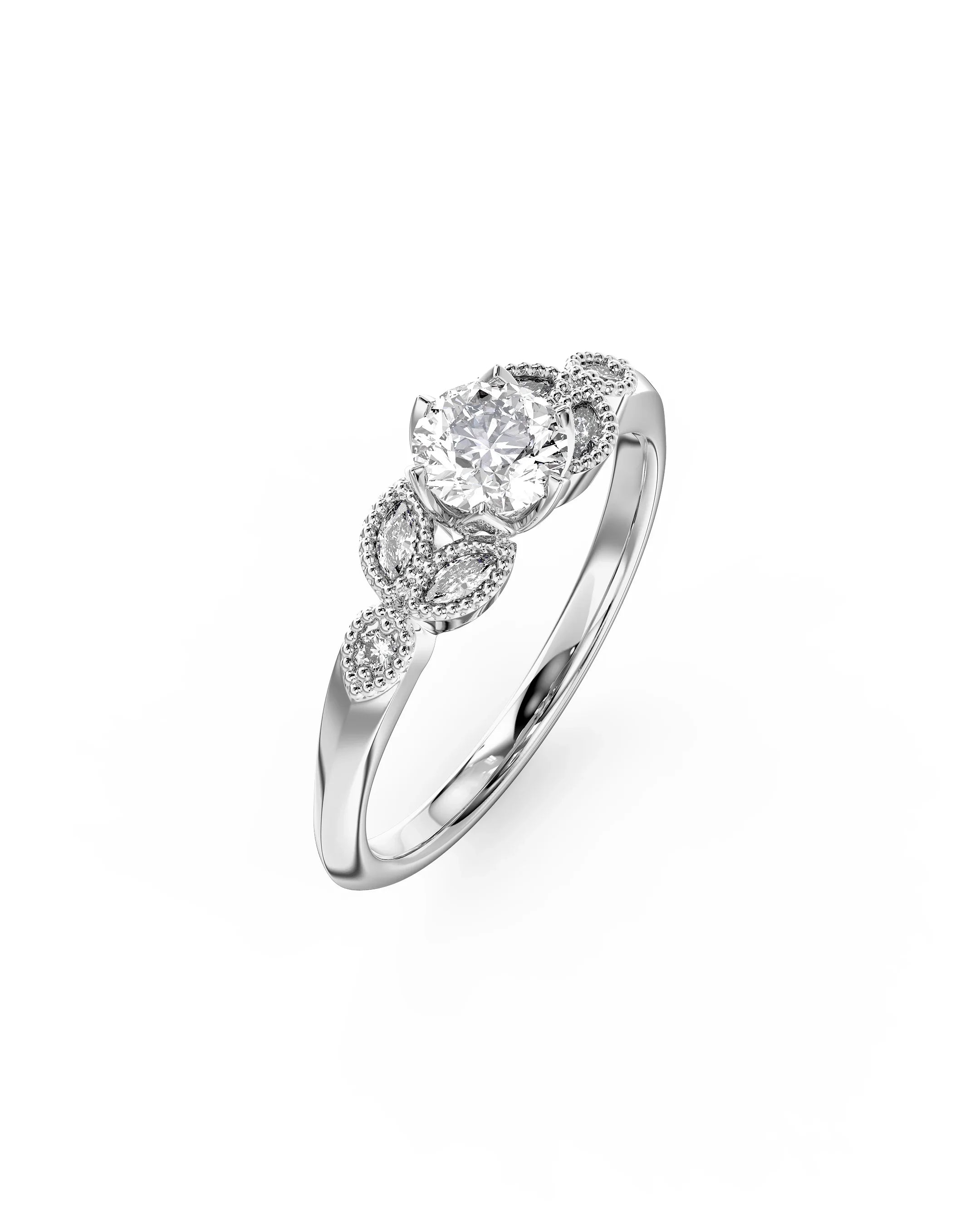 Elegant diamond engagement ring with intricate leaf-inspired detailing on white background