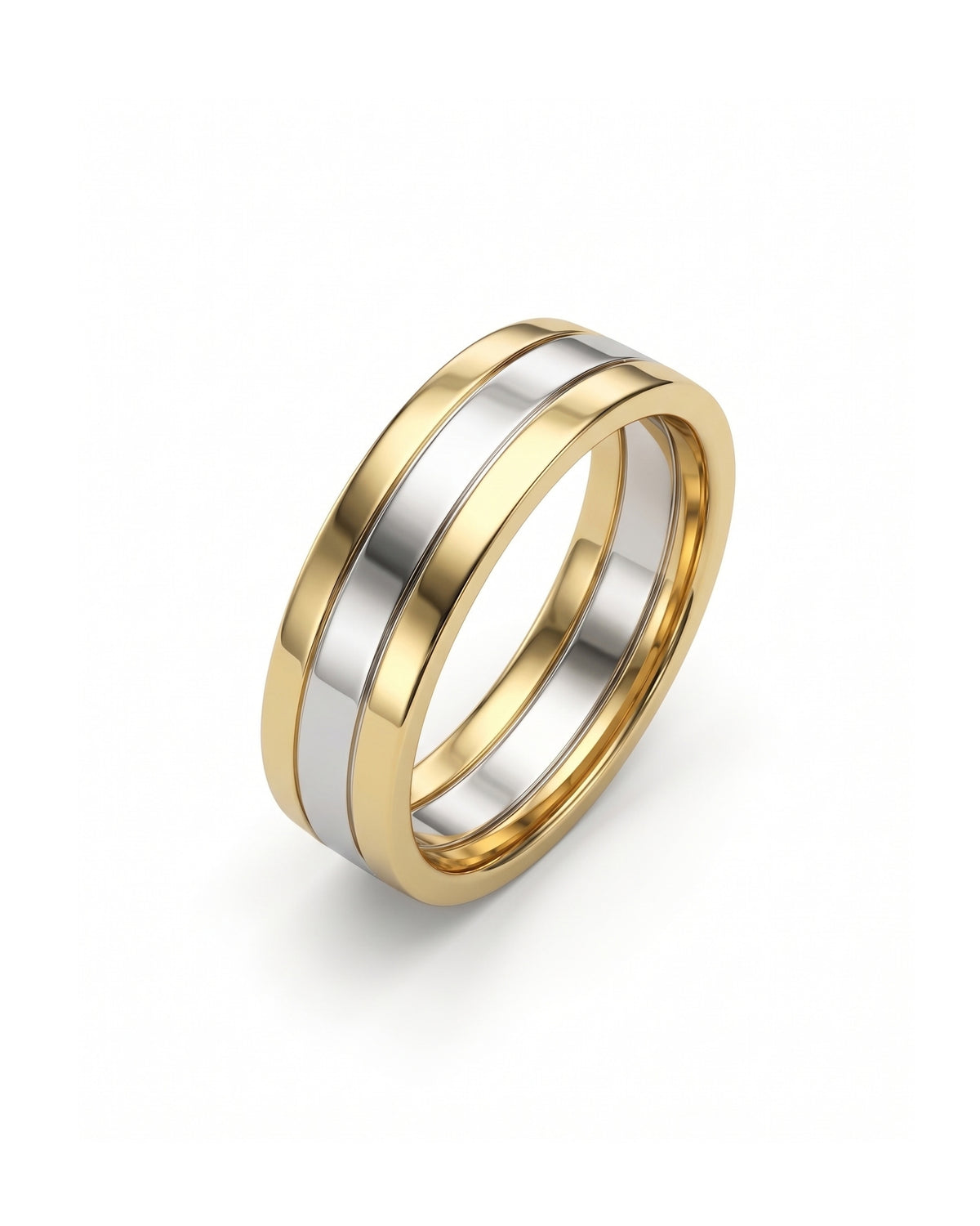 Flat wedding band featuring a polished silver center inlay bordered by yellow gold edges.