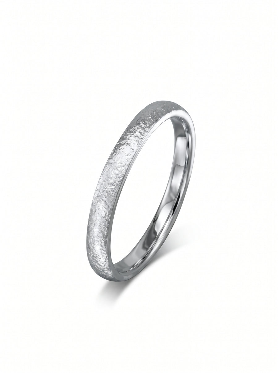 Silver textured court wedding band with a polished inner surface on a white background.
