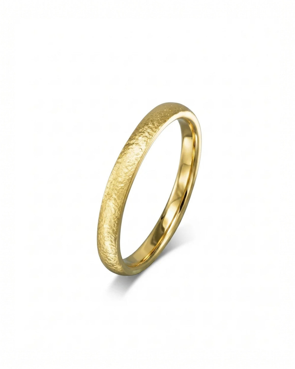 Yellow gold wedding band with a textured matte finish and a smooth polished interior.