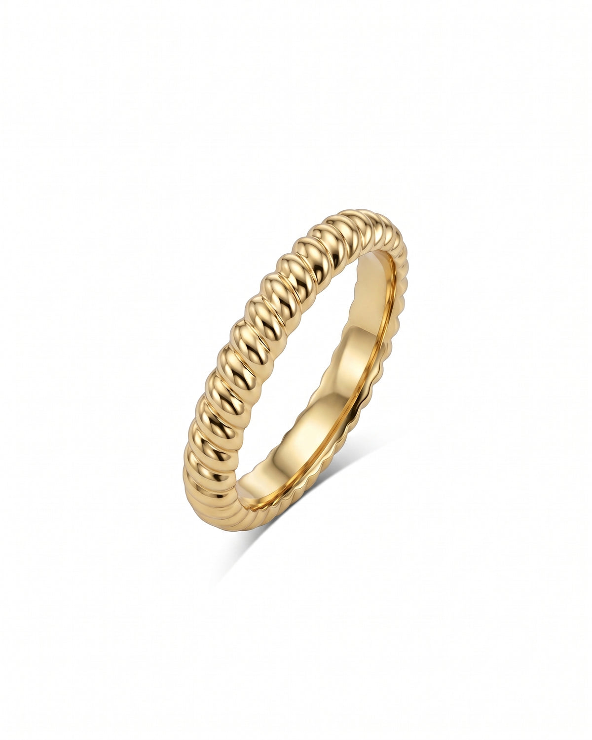 Gold wedding band featuring a polished, twisted rope design with a smooth inner surface.