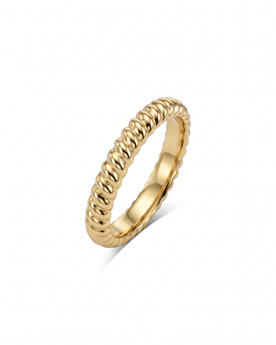 Gold wedding band featuring a polished, twisted rope design with a smooth inner surface.