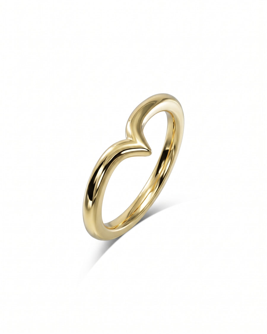 Polished yellow gold wedding ring with a smooth, wishbone-shaped band on a white background.