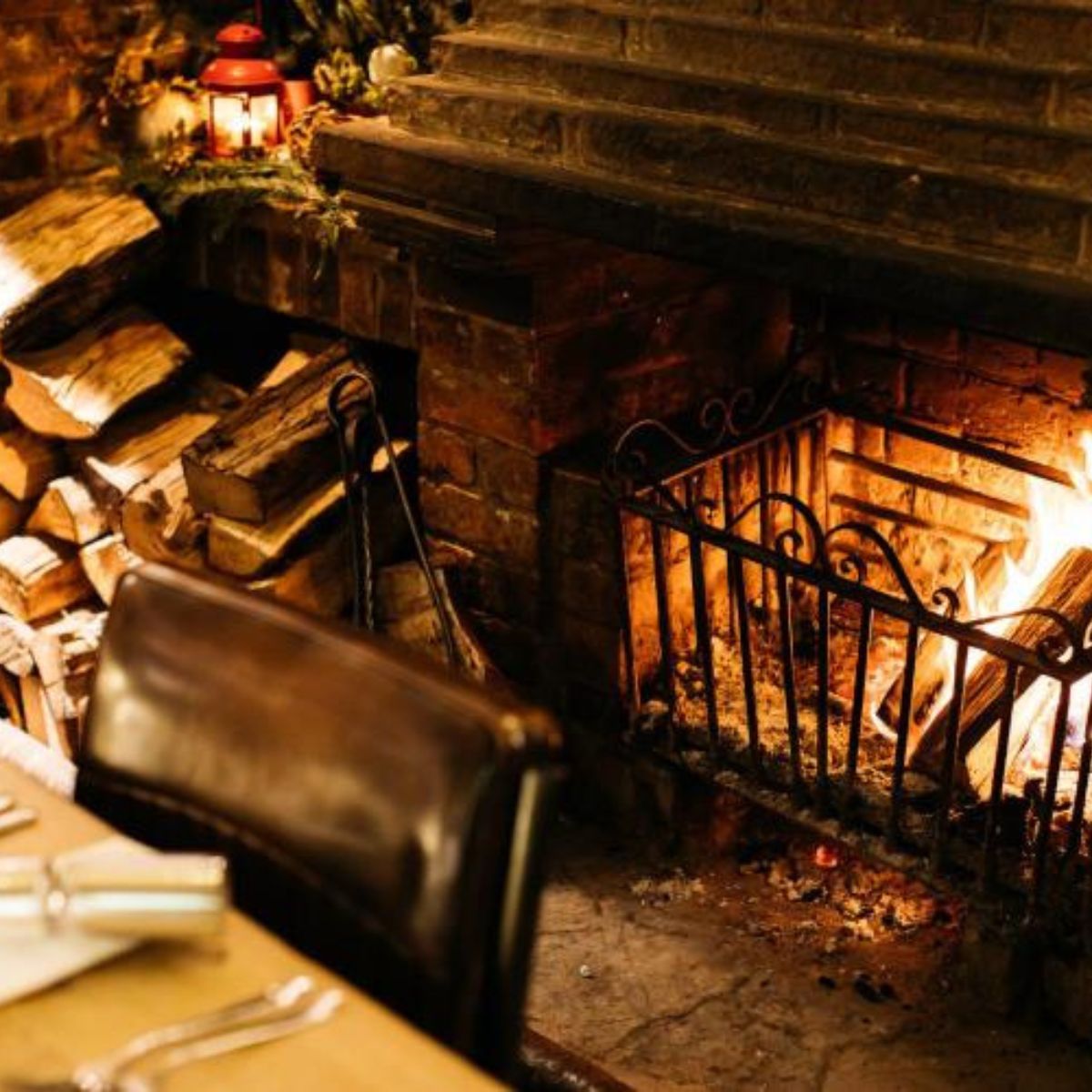 a burning log fire inside