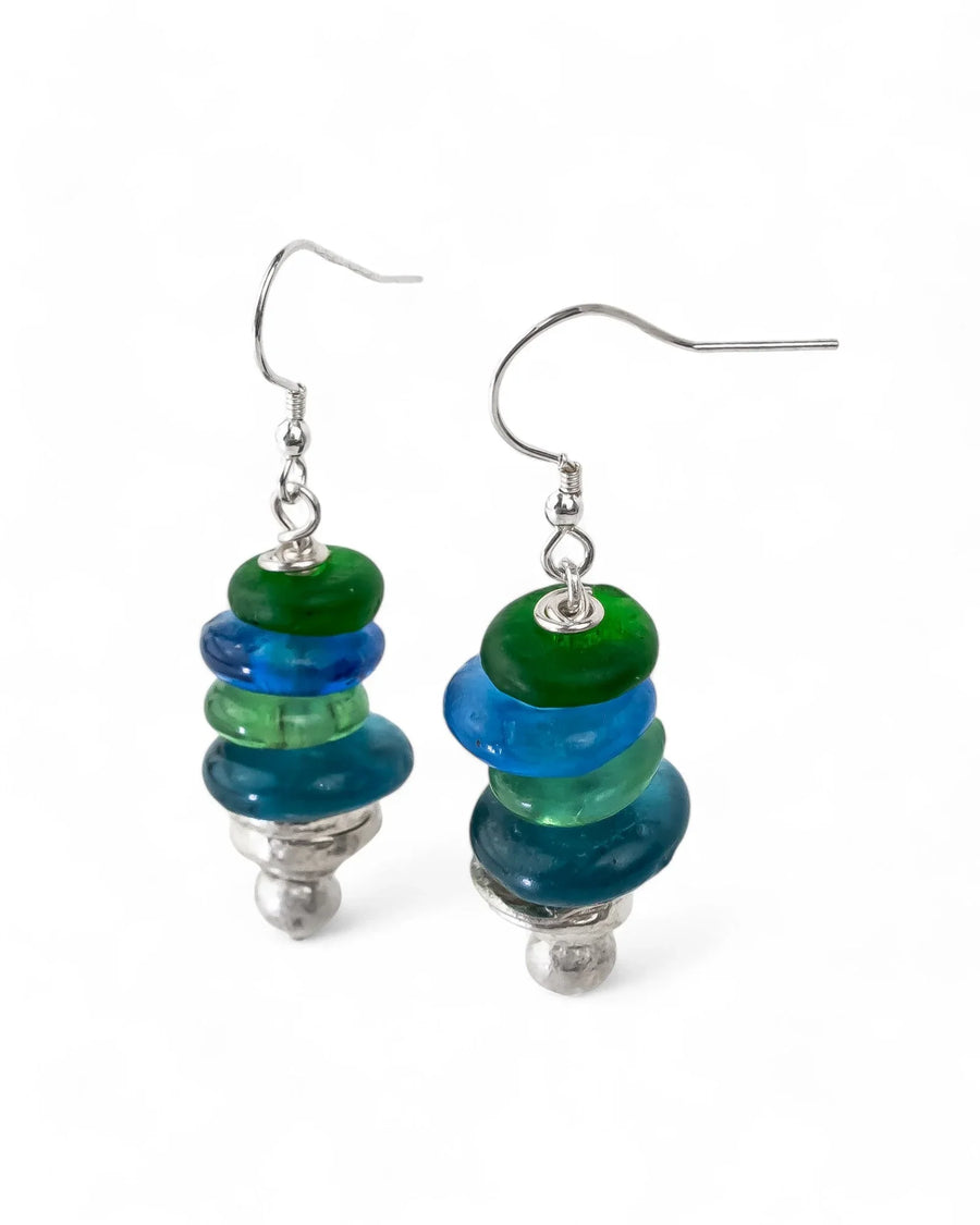 African Recycled Blue Glass Bead Drop Earrings Earrings Pruden and Smith