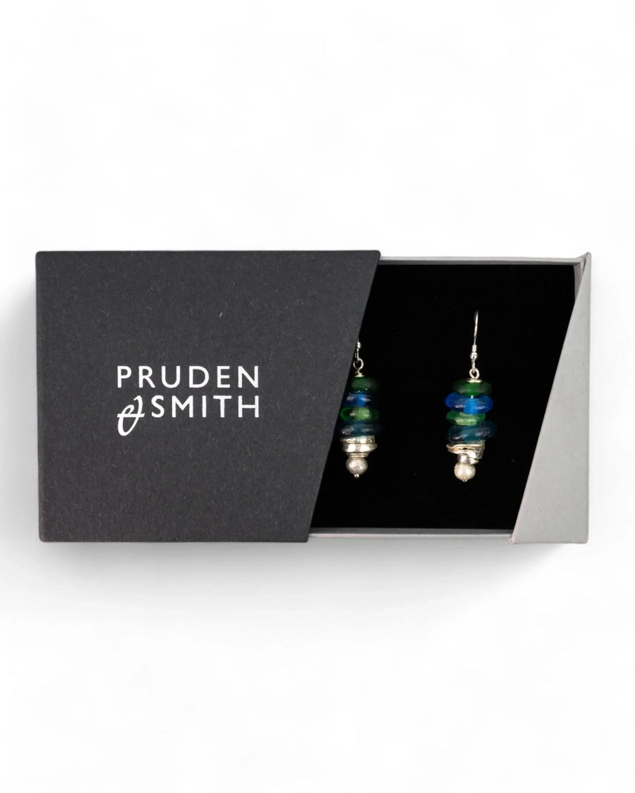 African Recycled Blue Glass Bead Drop Earrings Earrings Pruden and Smith