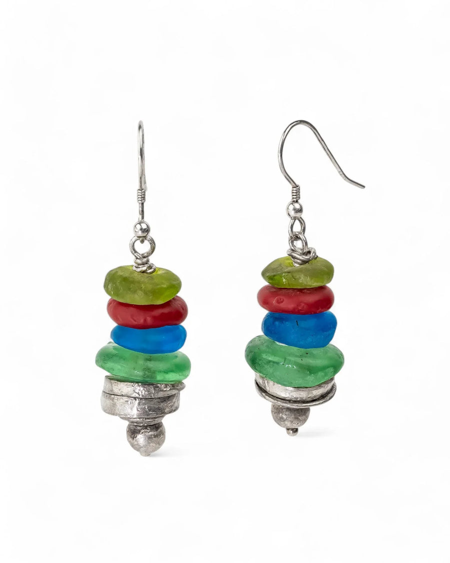 Handmade drop earrings with stacked recycled glass beads in green, red, blue, and silver