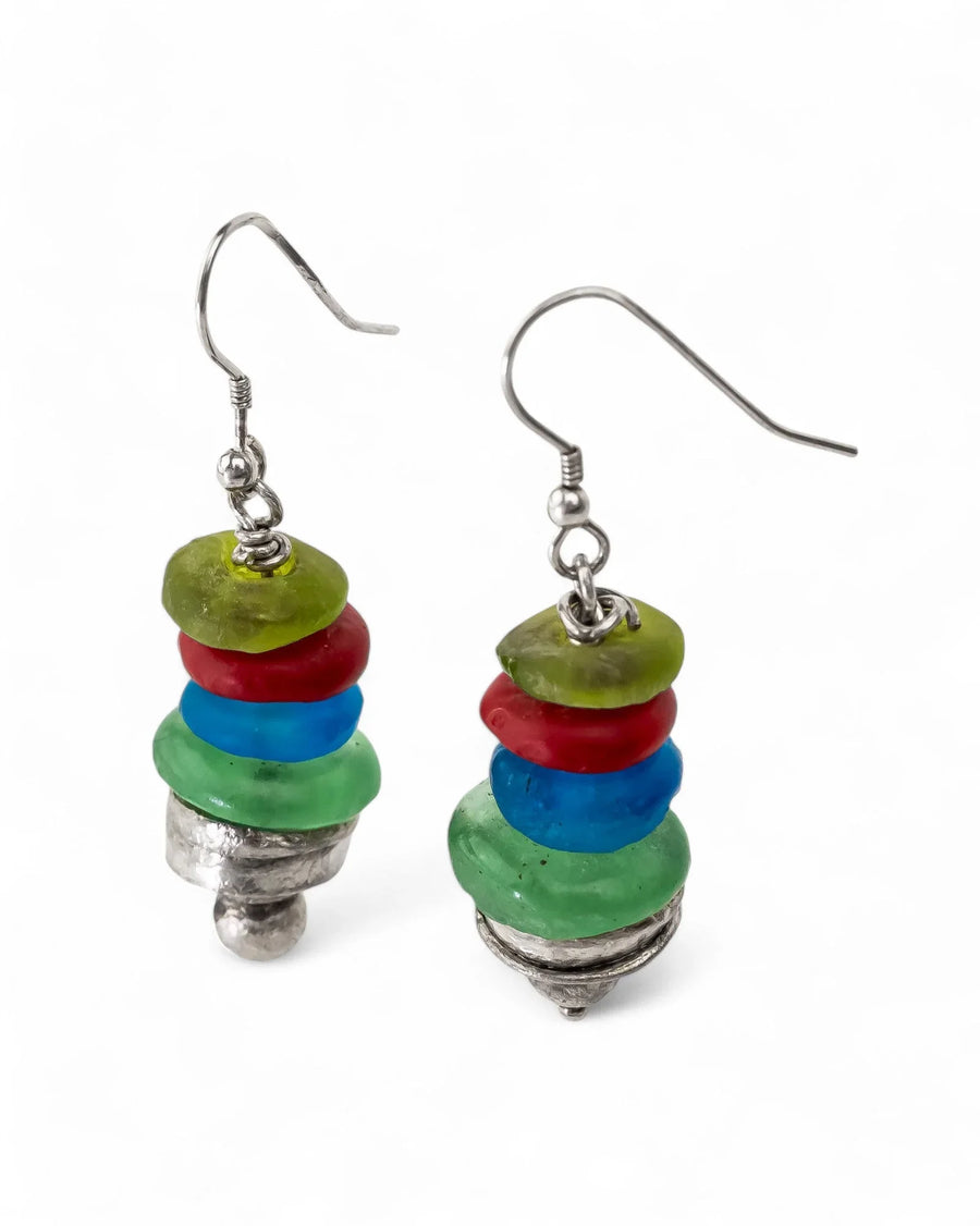 Handmade drop earrings with stacked recycled glass beads in green, red, and blue tones