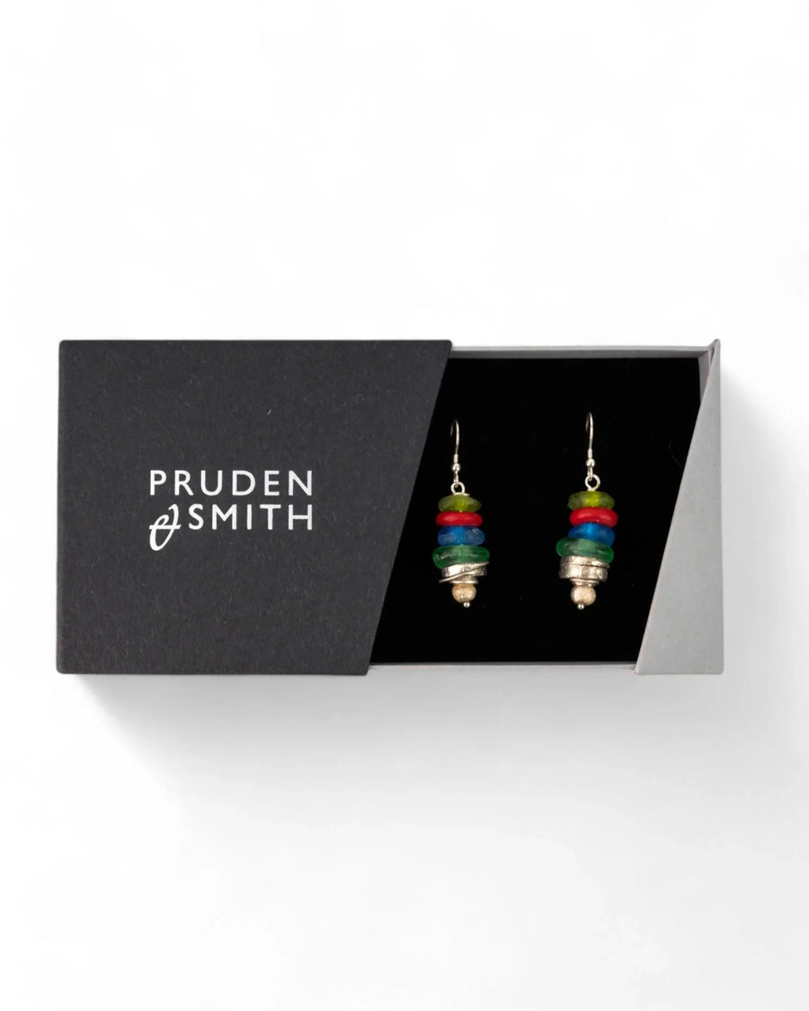 Colorful recycled glass bead drop earrings with metal accents in a gift box