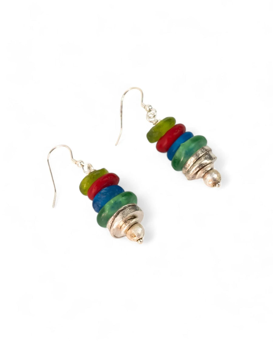 Colorful recycled glass bead drop earrings with silver accents on a white background