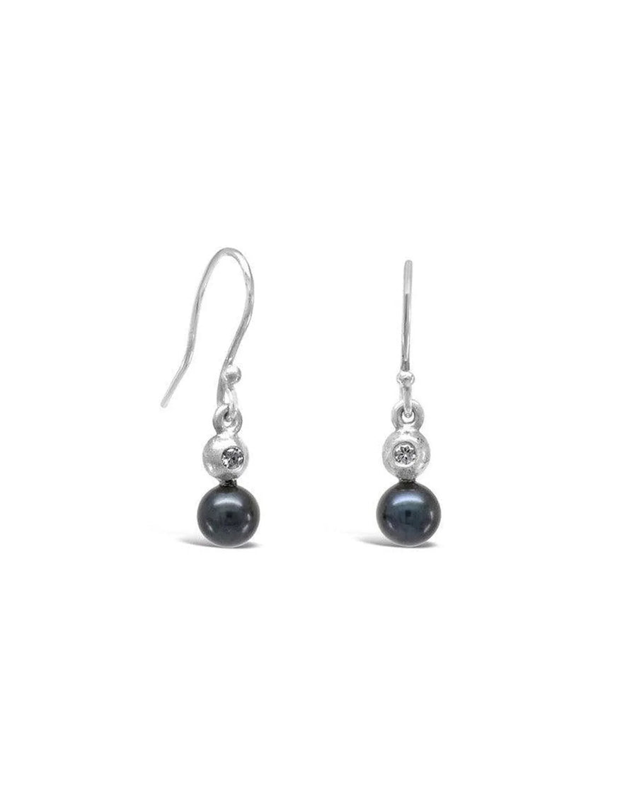 Dangly earrings with black pearl drops and small diamond accents on silver hooks