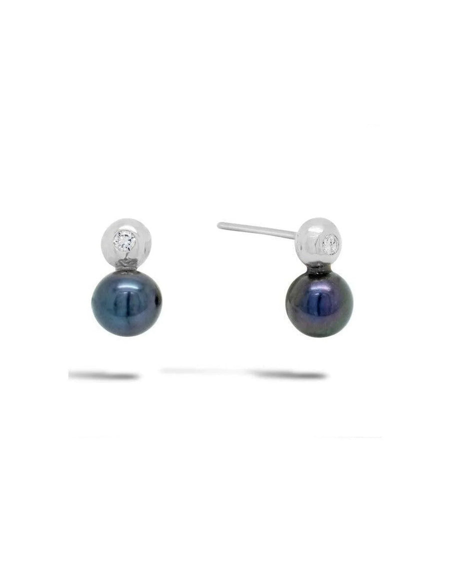 Black Akoya pearl and diamond silver stud earrings on a white background