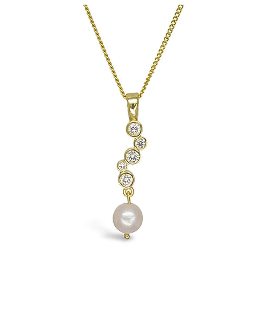 Gold pendant necklace with a round pearl drop and sparkling diamond accents