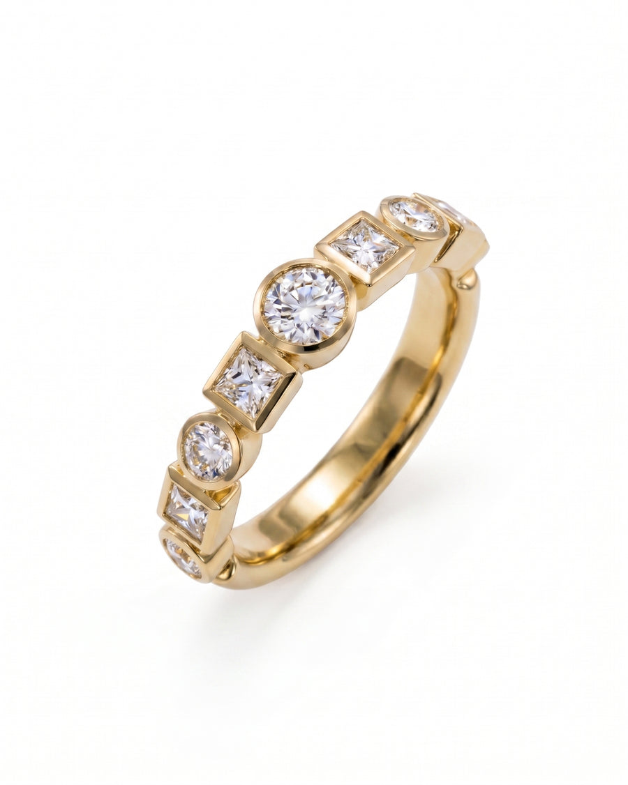 18ct gold half eternity ring with alternating round and square diamonds.