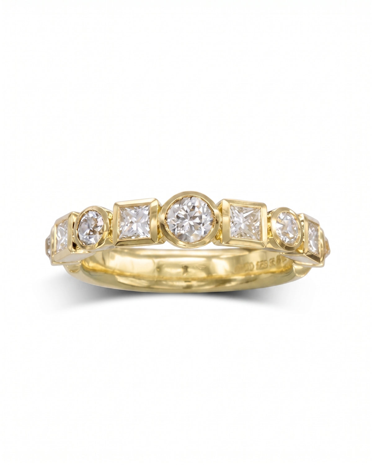 18ct gold half eternity ring with alternating round and square diamonds.