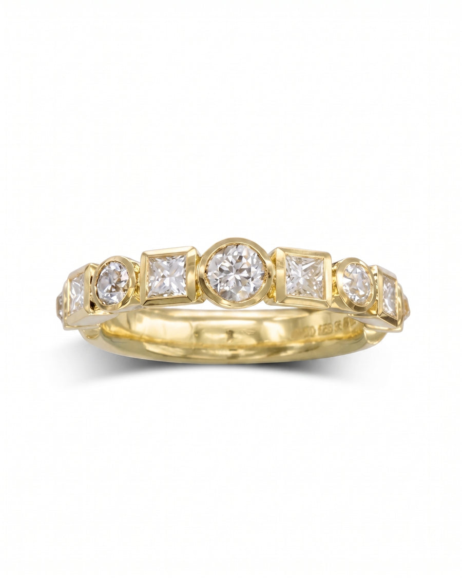 18ct gold half eternity ring with alternating round and square diamonds.