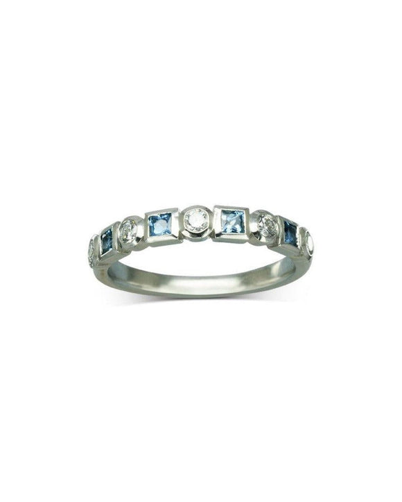 Alternating Aquamarine Diamond Platinum Half Eternity Ring Ring Pruden and Smith 40% Set Band