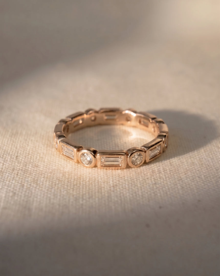 18ct rose gold eternity ring with alternating baguette and round diamonds.