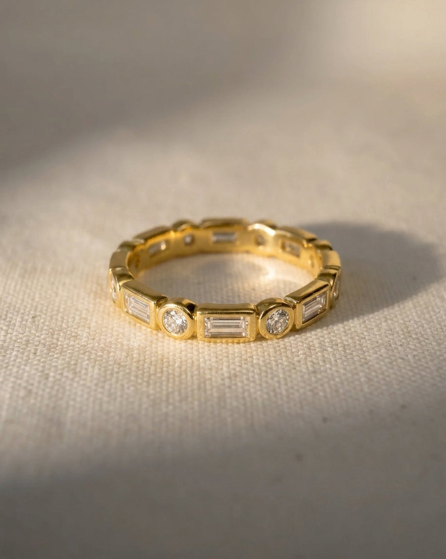 9ct yellow gold eternity ring with alternating baguette and round diamonds.