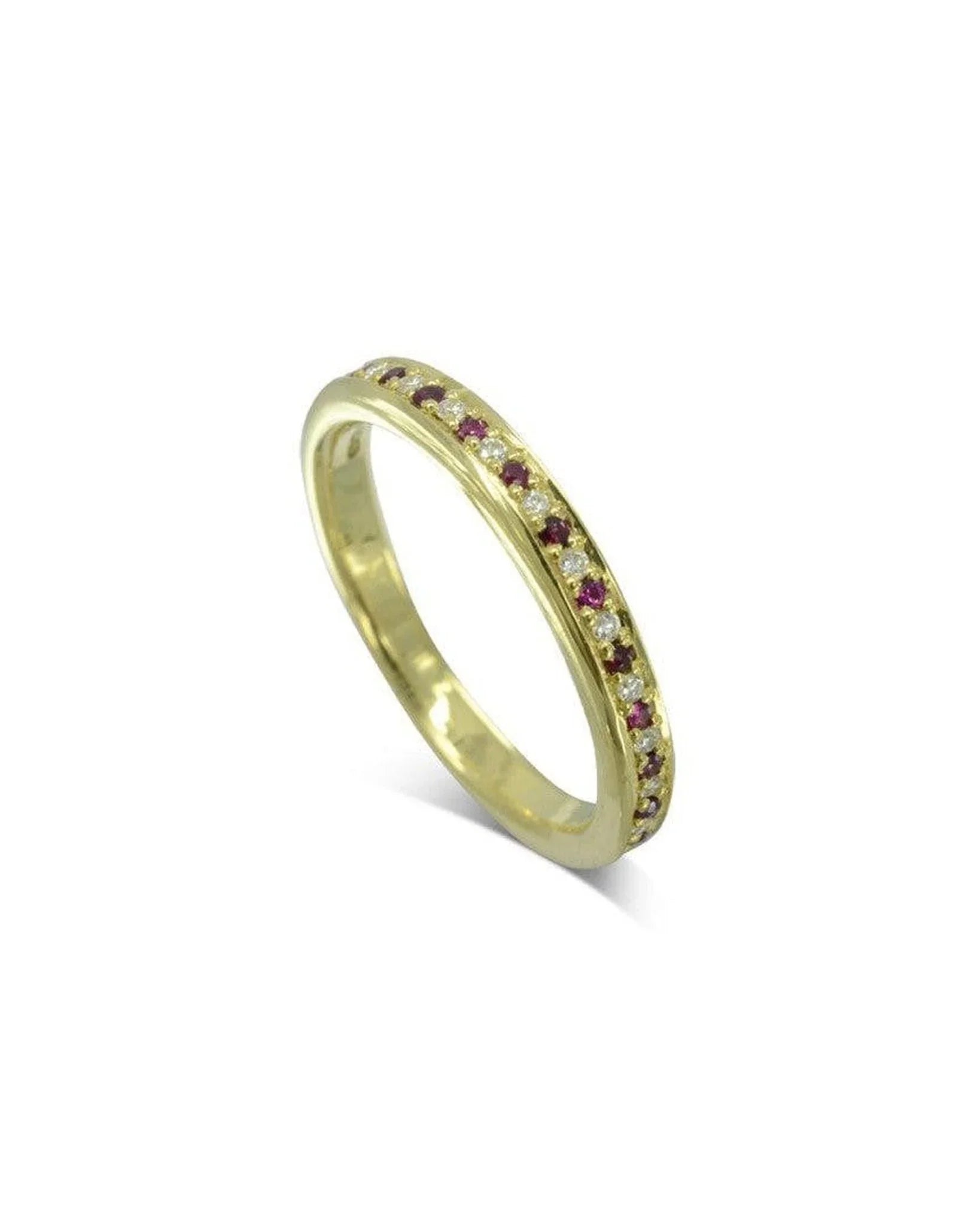 Slim gold eternity ring with alternating rubies and diamonds in a channel setting