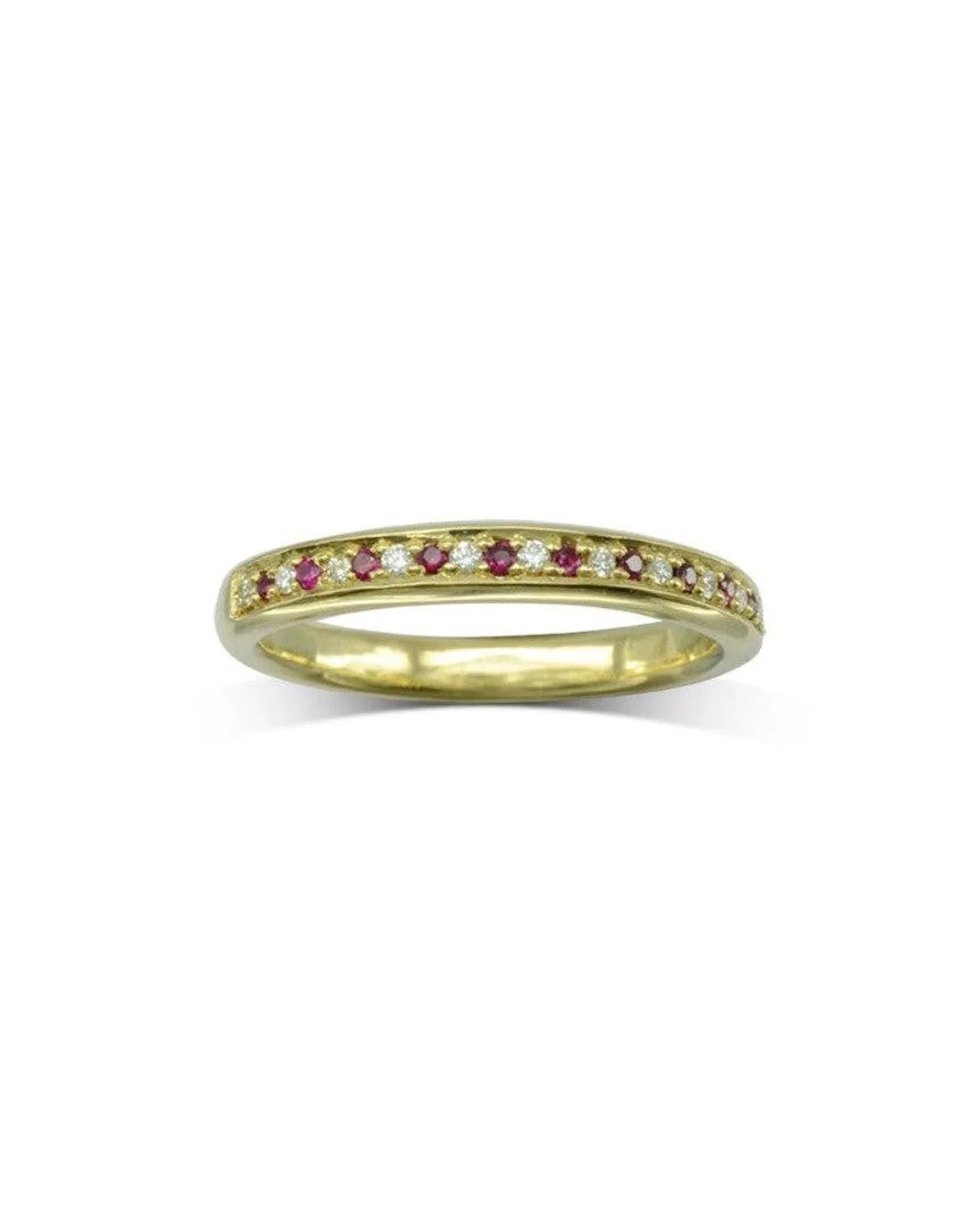 Slim gold eternity ring with alternating rubies and diamonds set in a delicate band
