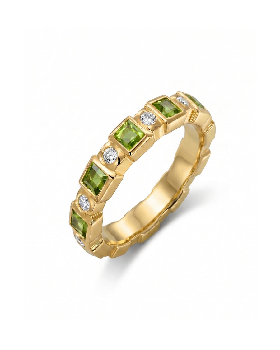 Yellow gold full eternity ring with alternating square peridot and round diamond gemstones.