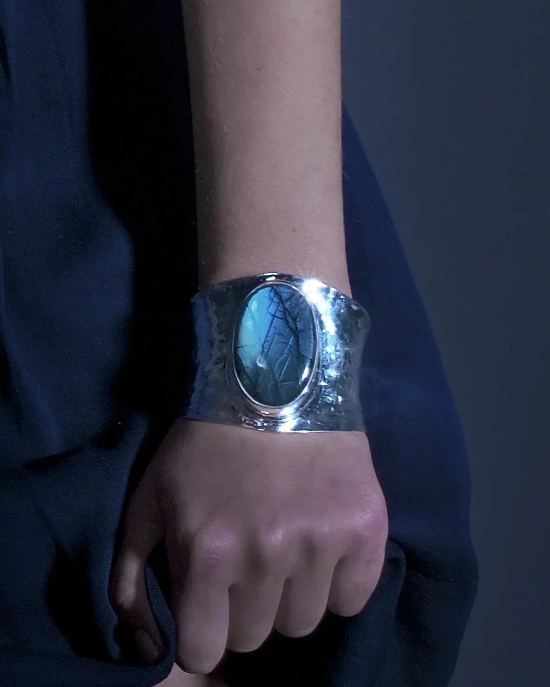 Hammered Concave Labradorite Solid Silver Cuff Bangle Bangle Pruden and Smith