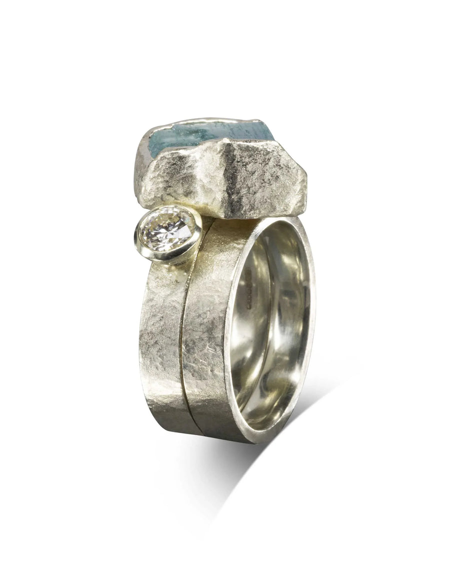 Sculptural aquamarine-chunk-and-diamond-white-gold-stacking-ring
