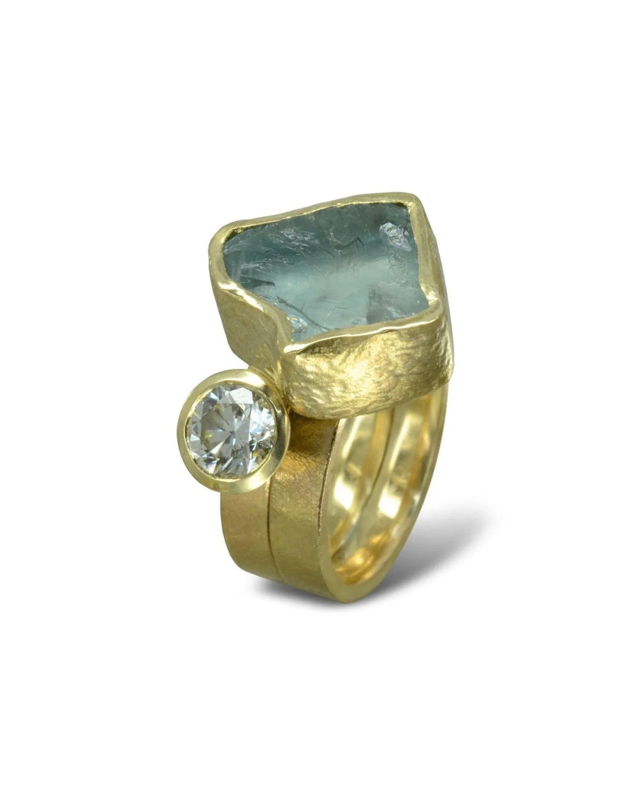 Gold stacking ring set with rough aquamarine chunk and round diamond, handmade jewelry