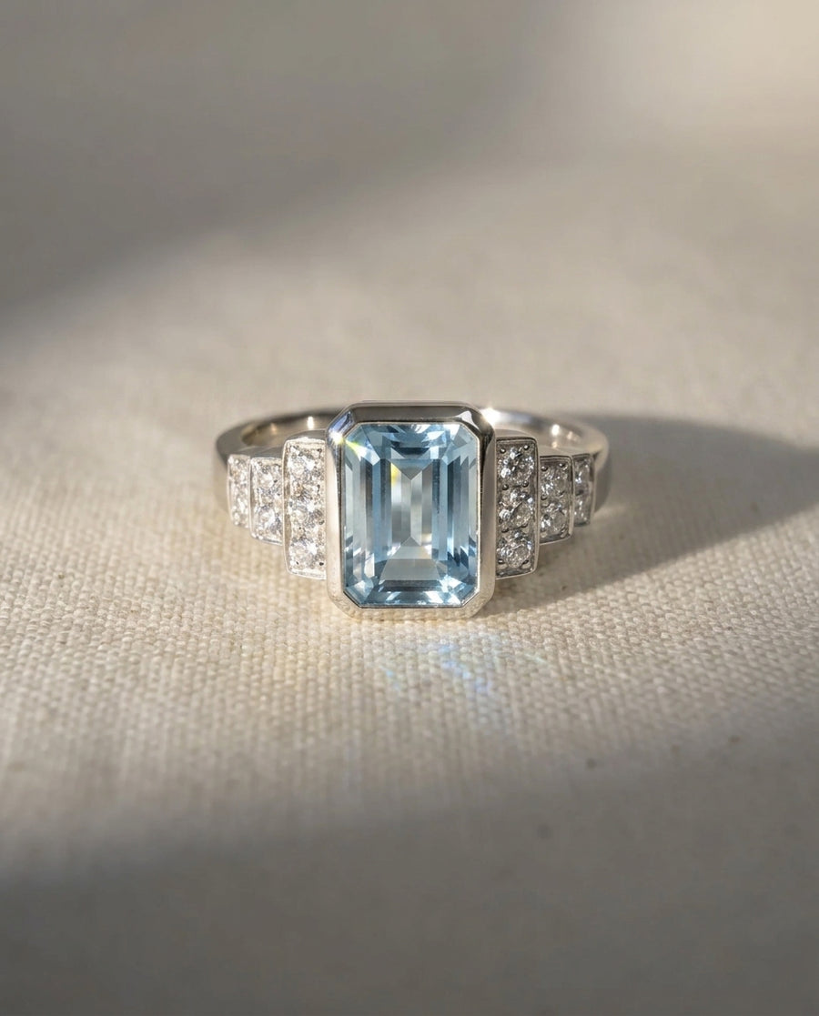 Aquamarine diamond Art Deco inspired engagement ring.