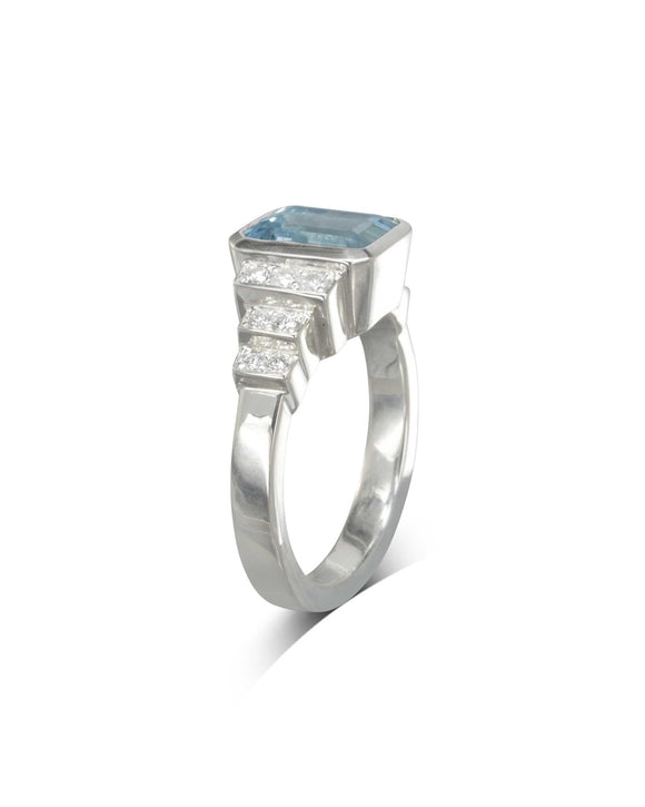 Aquamarine Diamond Art Deco Inspired Engagement Ring Ring Pruden and Smith