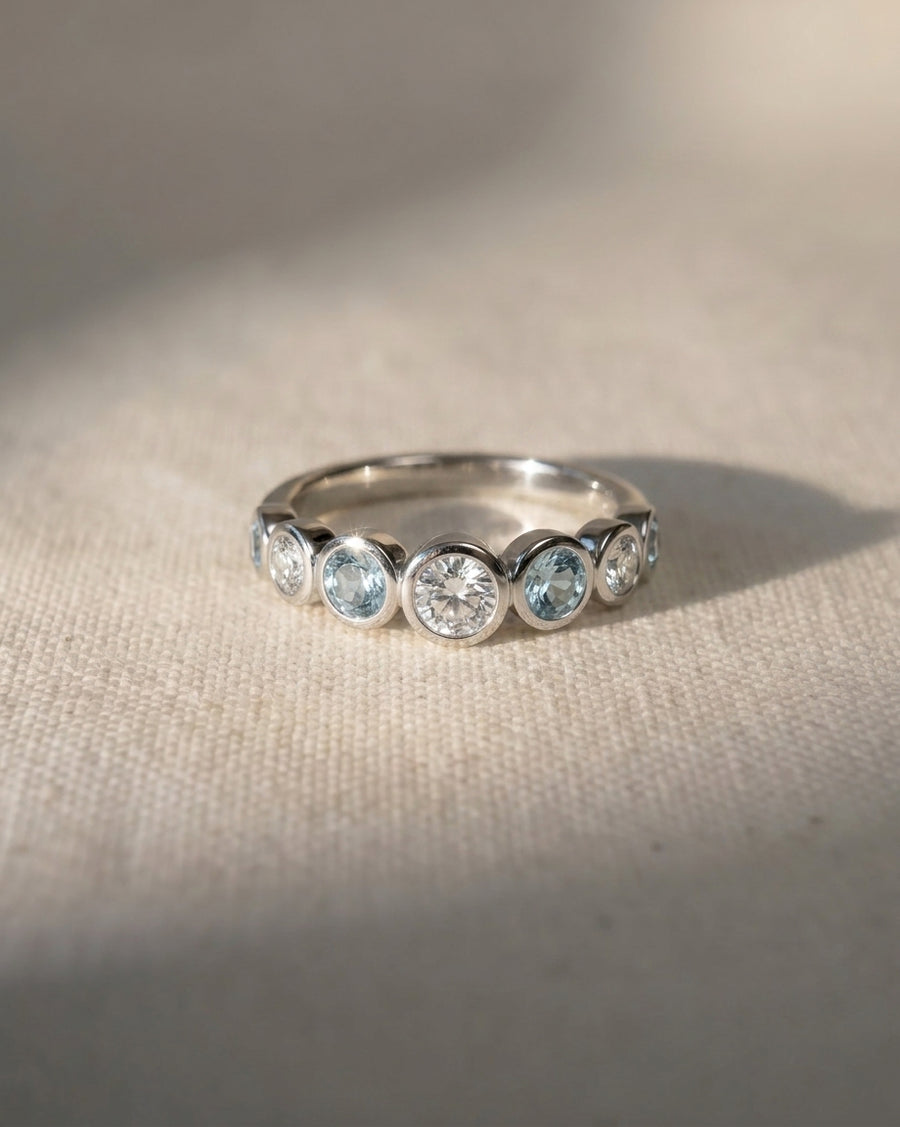 Platinum eternity ring with alternating aquamarine and diamond gemstones.