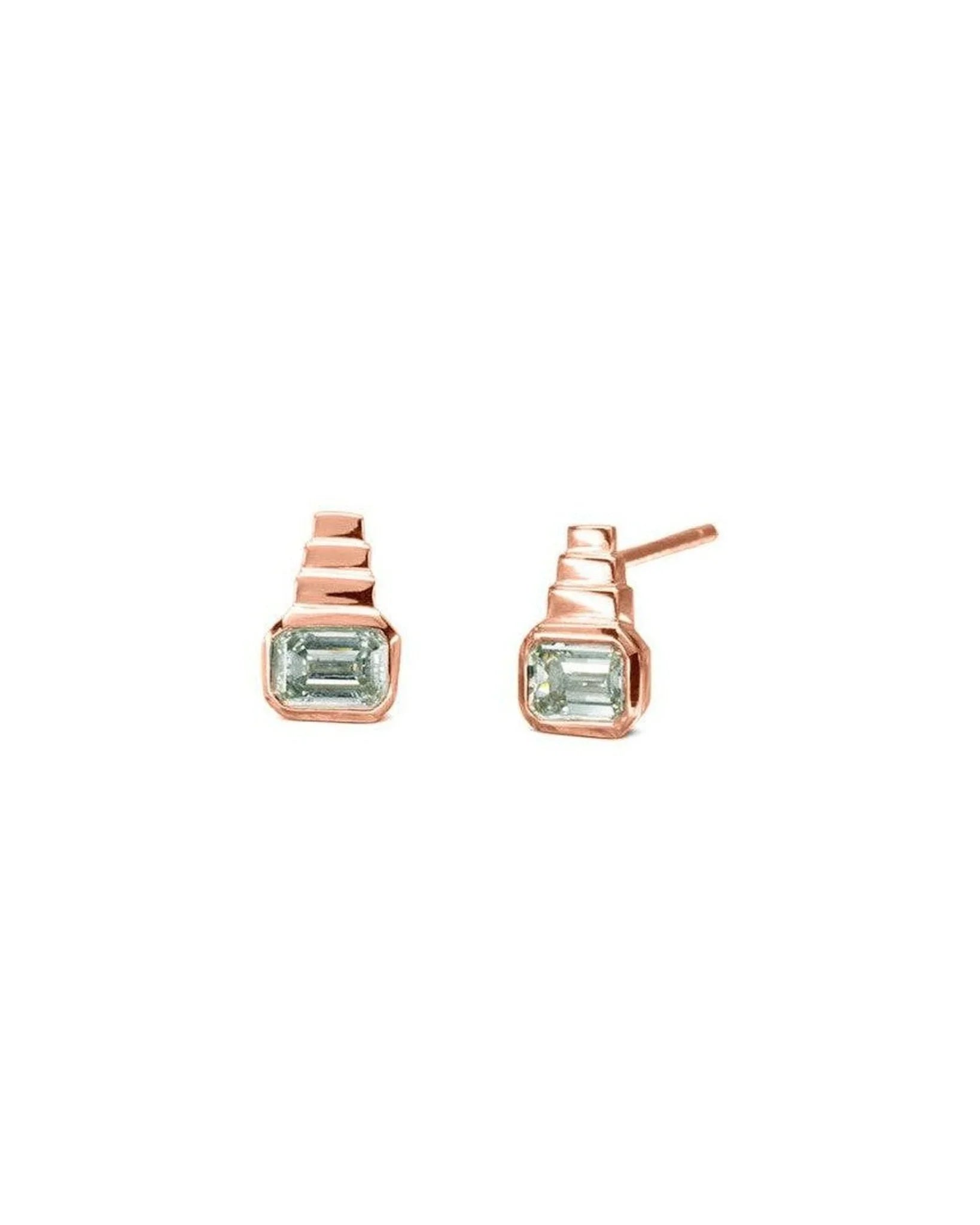 Art Deco 9ct gold stud earrings with emerald-cut diamonds on white background