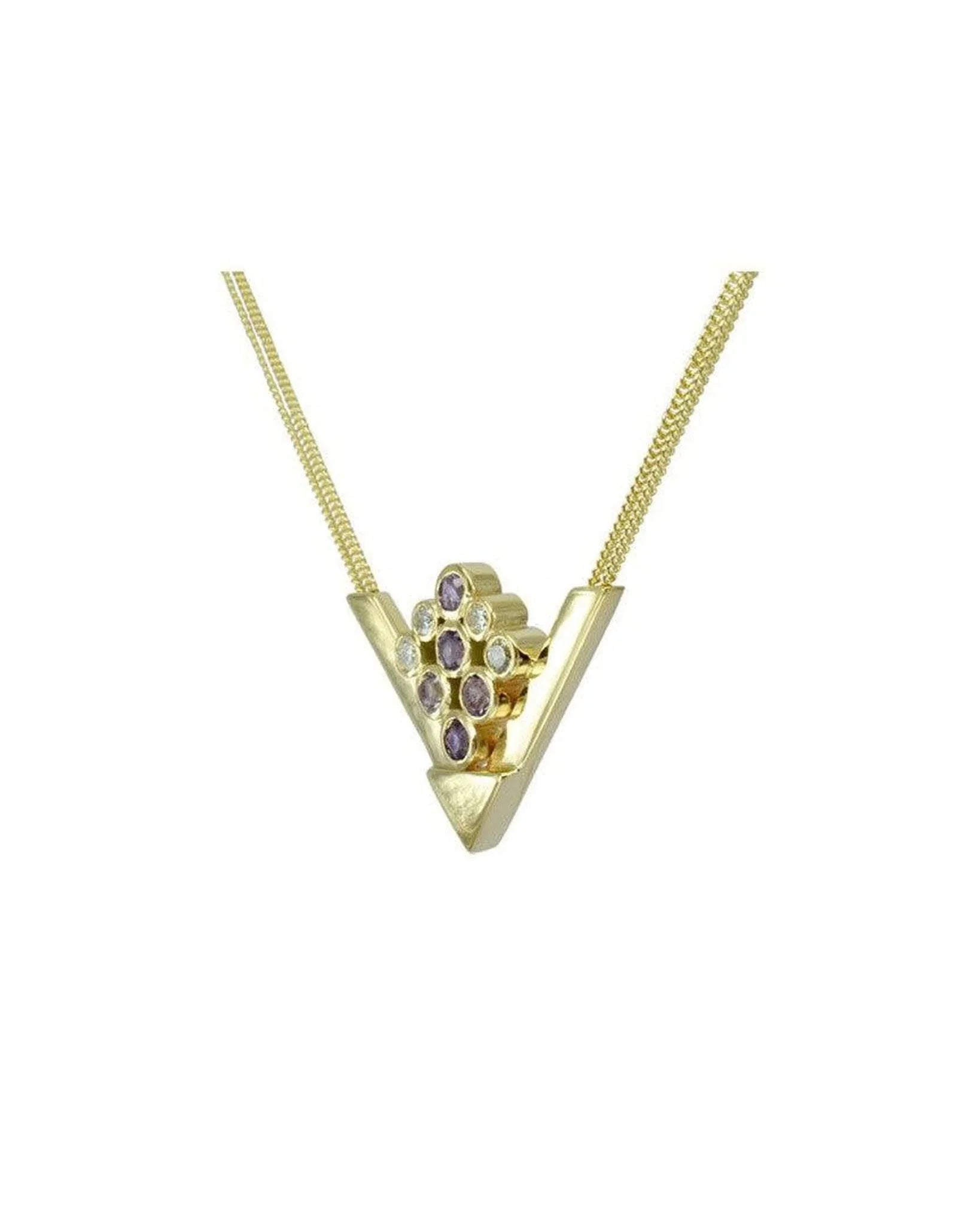 Art Deco 9ct yellow gold pendant with geometric design and gemstone accents on chain