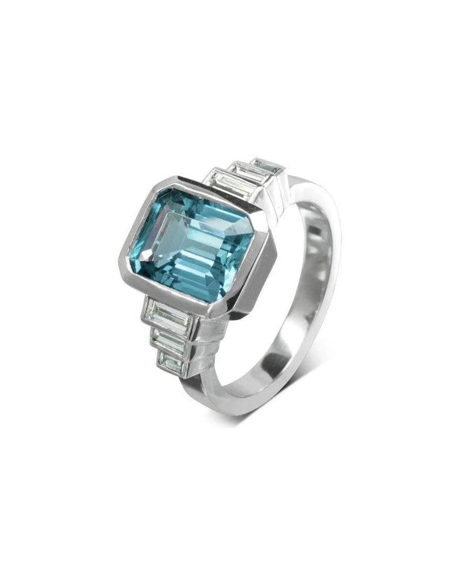 Art Deco platinum ring with emerald-cut aquamarine and stepped rectangular accents