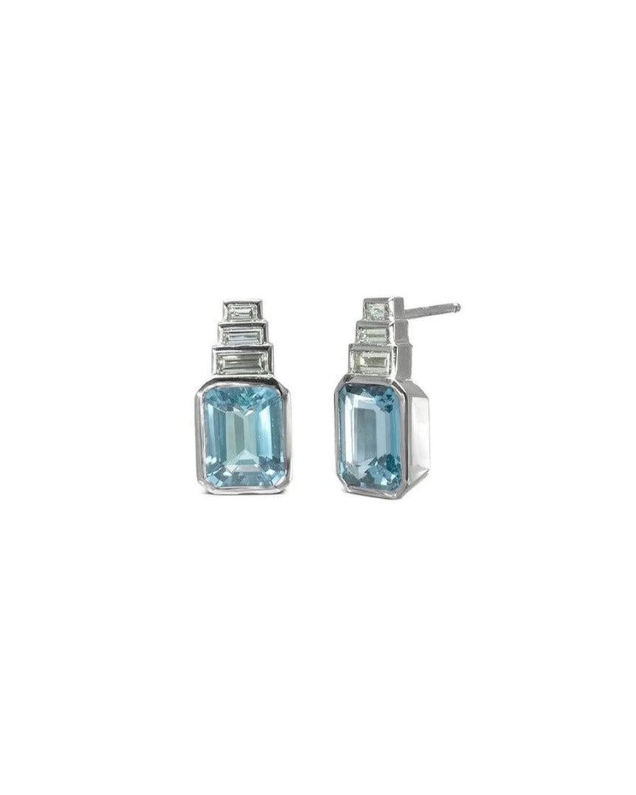 Art Deco style aquamarine stud earrings with emerald-cut blue stones in silver settings
