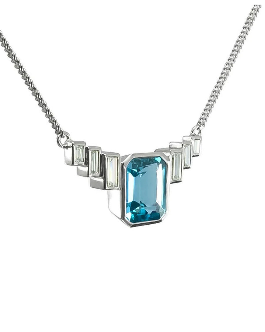 Art deco platinum necklace with emerald-cut aquamarine pendant and geometric design
