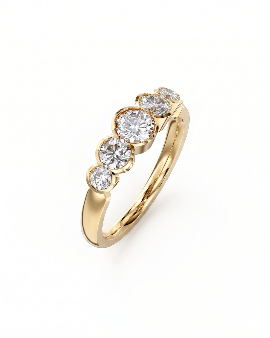 Gold engagement ring with five round brilliant cut diamonds.