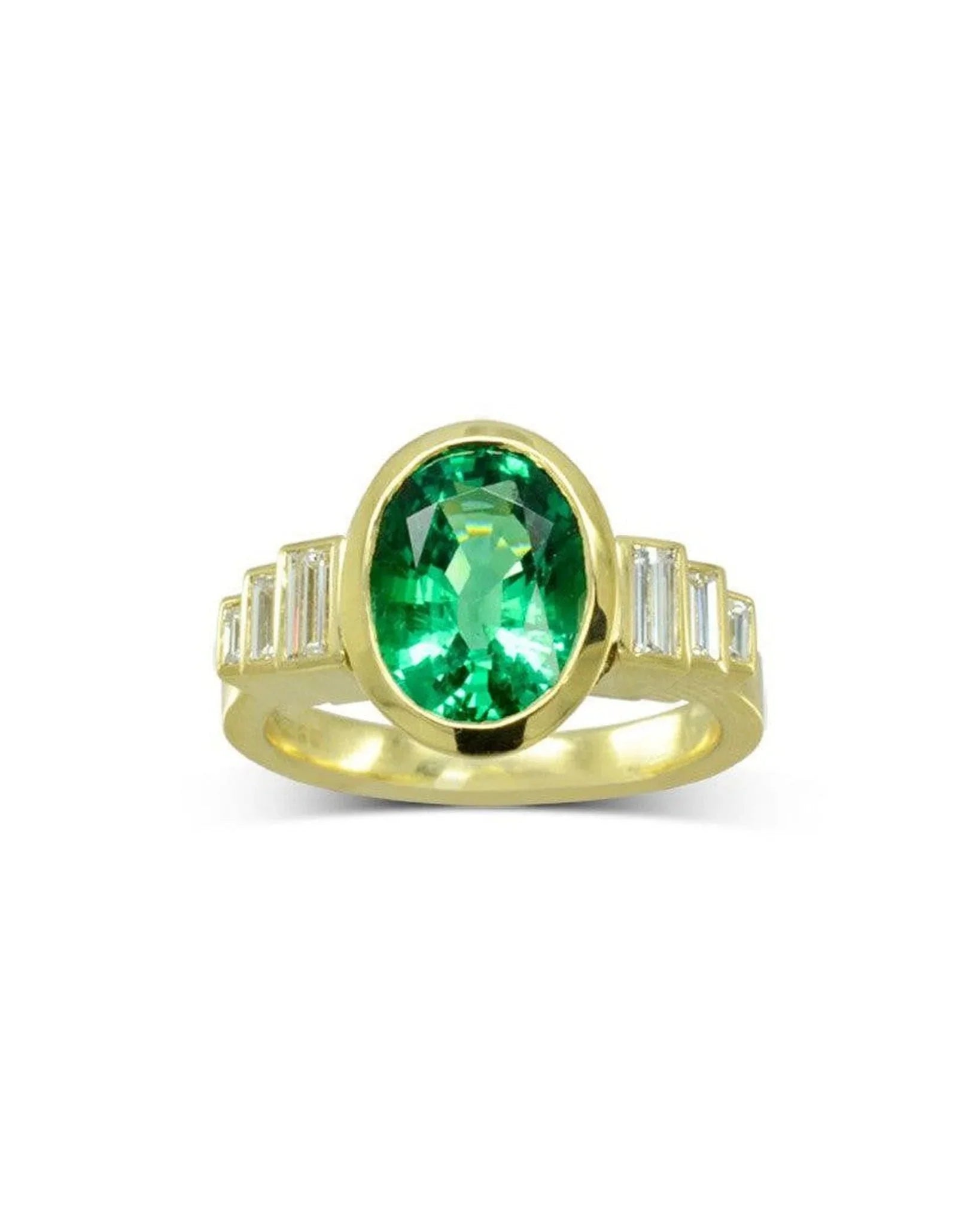 Art deco yellow gold ring with oval green emerald and baguette diamonds