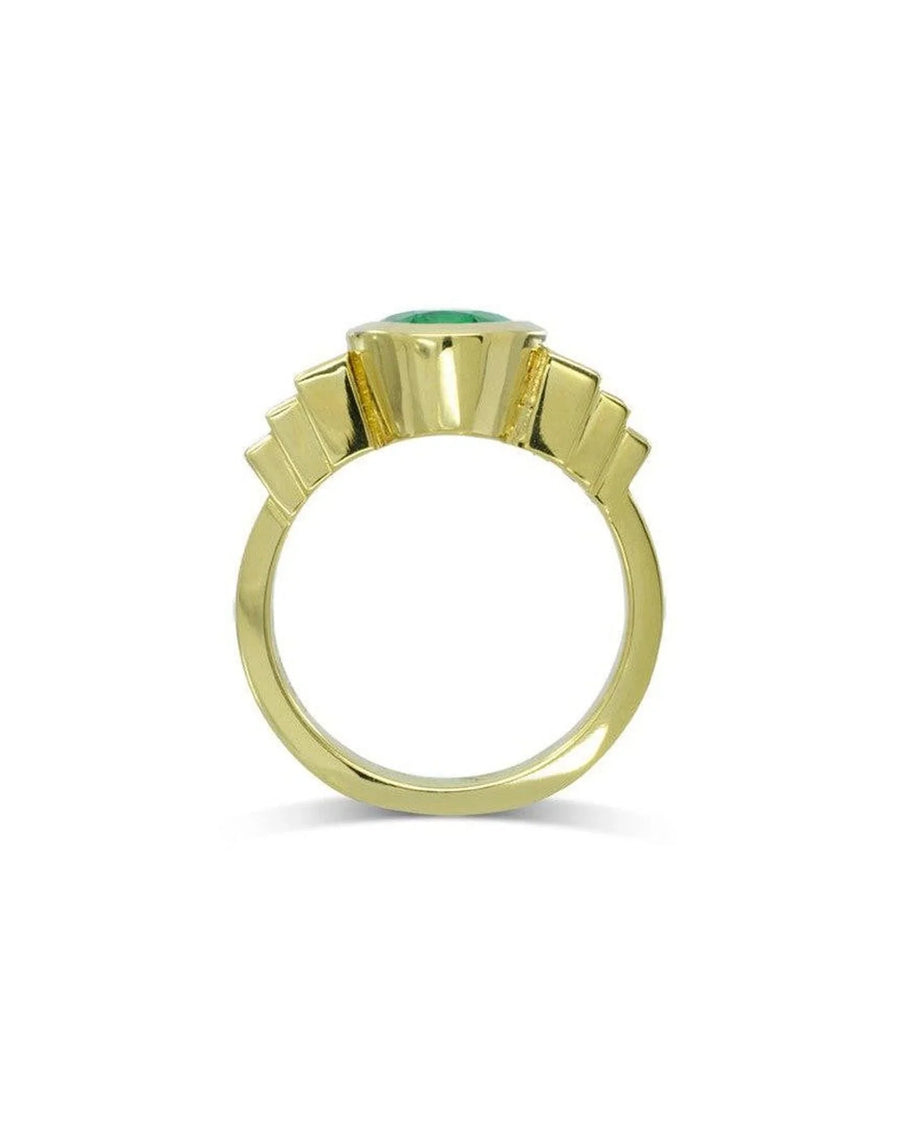 Art deco yellow gold oval emerald ring with stepped fan detailing