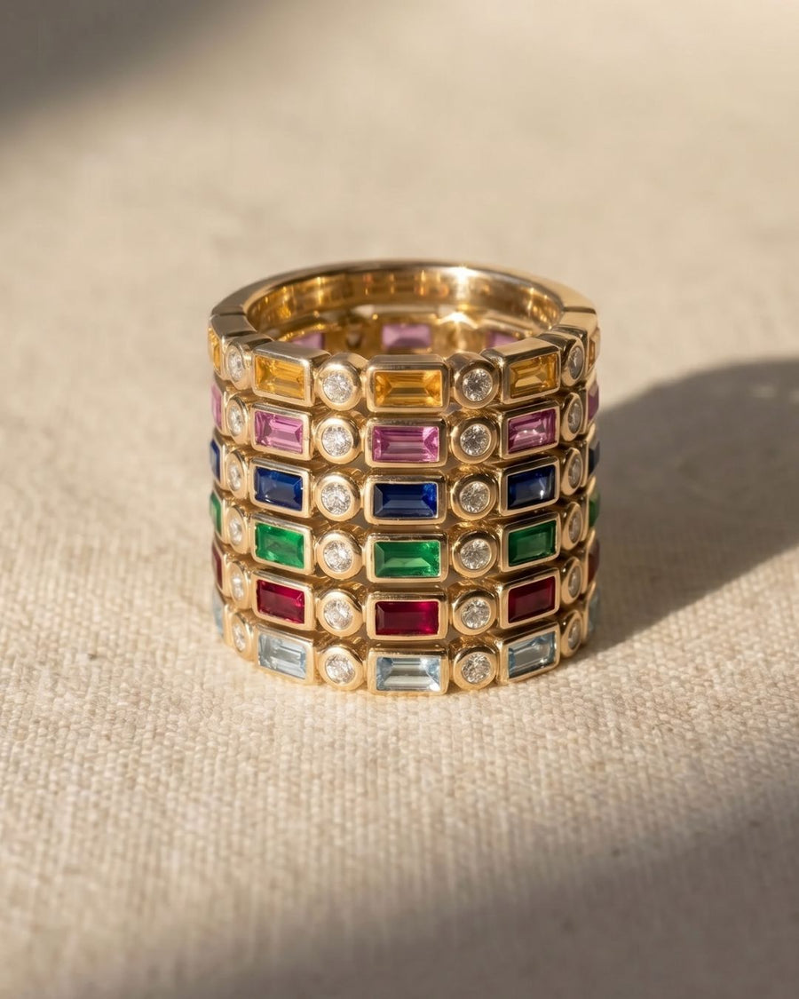 9ct yellow gold eternity ring with baguette cut aquamarine and round diamonds.